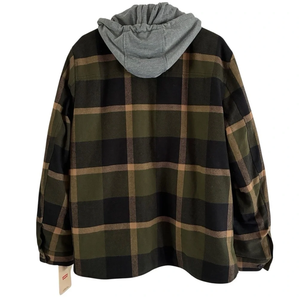 Levi’s Green Plaid Cotton Shirt Jacket With Hoodie Medium